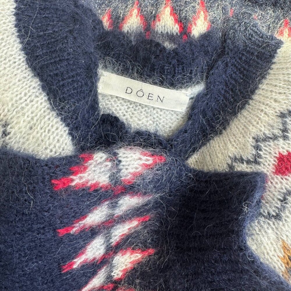 Doen Harvest Mohair Wool Cashmere Knit Print Sweater Top Navy Oslo Fair Isle L - Picture 8 of 8